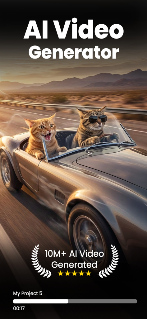 VideoAI: AI Video Generator+ - AI generated video of two ginger cats driving a vintage car on a desert road with 10M plus videos generated badge