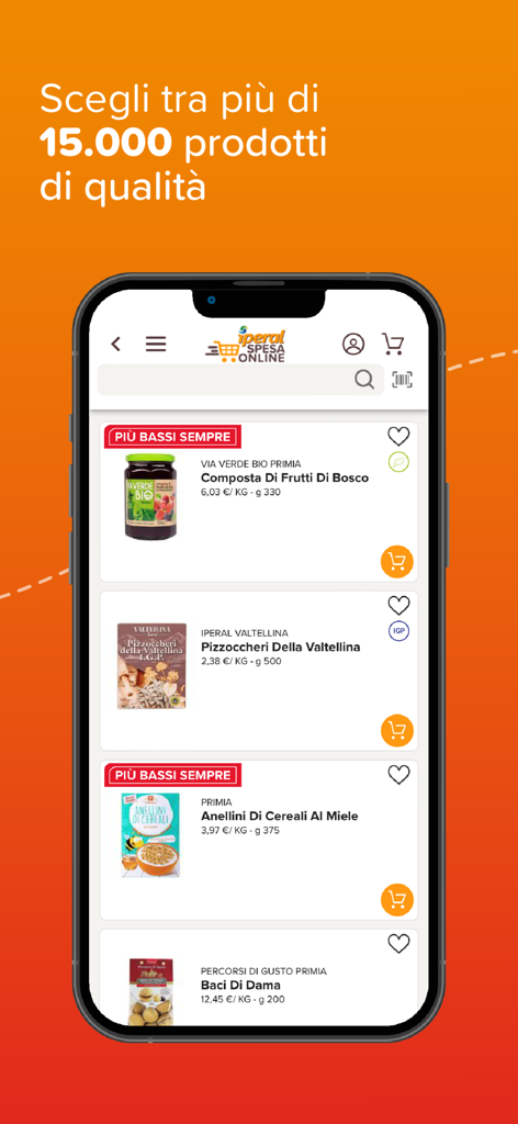 Smartphone screen displaying the Iperal Spesa Online app catalog with various food products and search features
