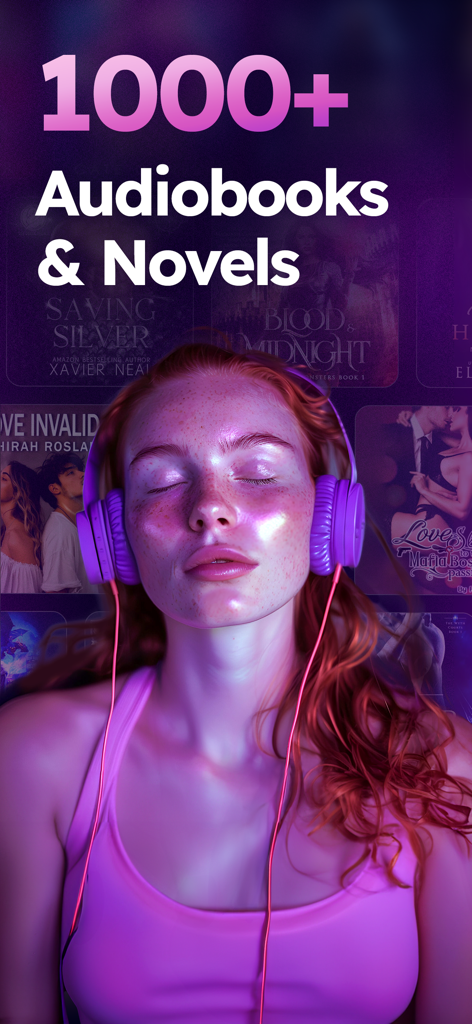 FreeFM: Audibooks, Good Novels - Una mujer con cabello rojo y auriculares morados escuchando audiolibros de romance en la aplicación FreeFM con una colección de portadas de libros al fondo.