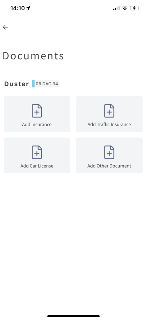 The documents management screen of the Dacia PORT app showing options to add insurance and car license for a Dacia Duster