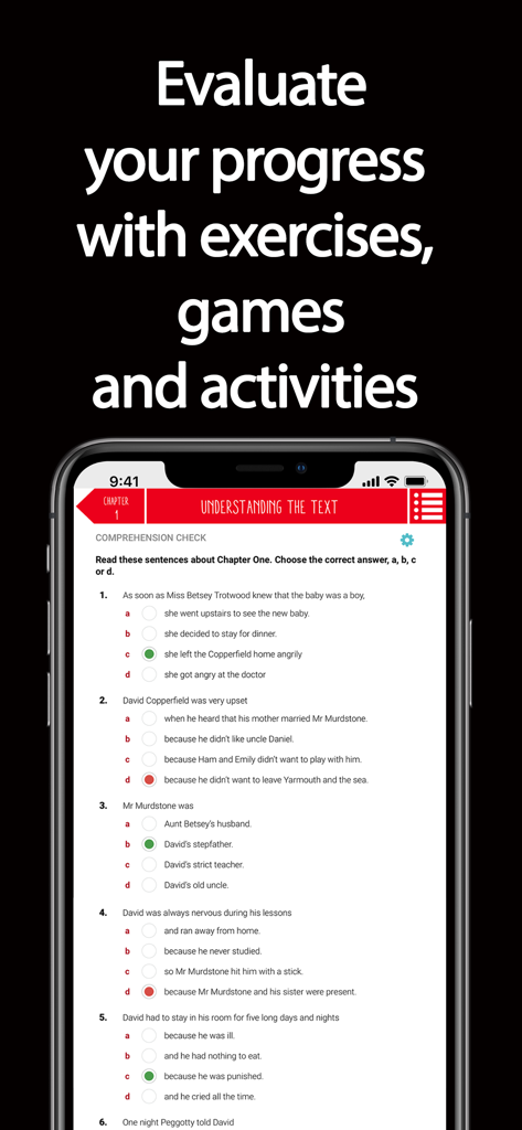 Uno schermo mobile che mostra un quiz di controllo della comprensione con domande a scelta multipla per una lettura graduata in inglese.