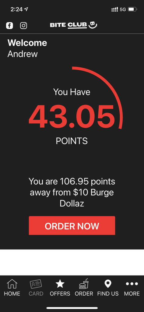 Painel de fidelidade Burger Urge Bite Club mostrando pontos atuais e progresso de recompensa