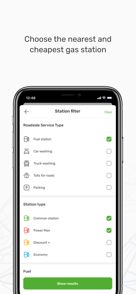 Filterbildschirm in der E1 CARD App zur Auswahl von Tankstellen nach Servicetyp und Stationskategorie.
