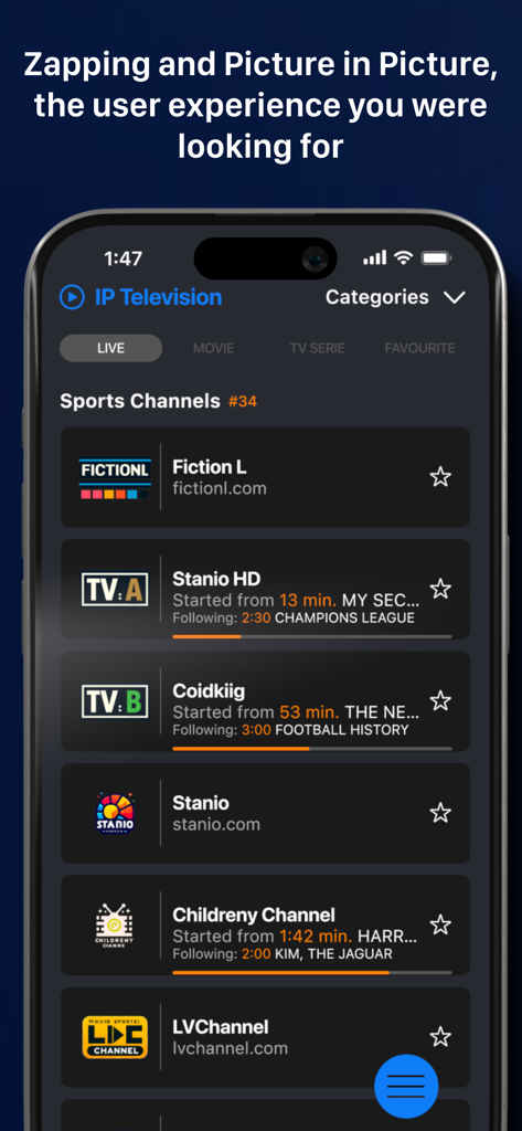 IP Television - IPTV M3U - IP Television app displaying a list of live sports channels on an iPhone screen