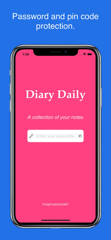 Diary with lock - Pink login screen for a digital diary app with passcode protection
