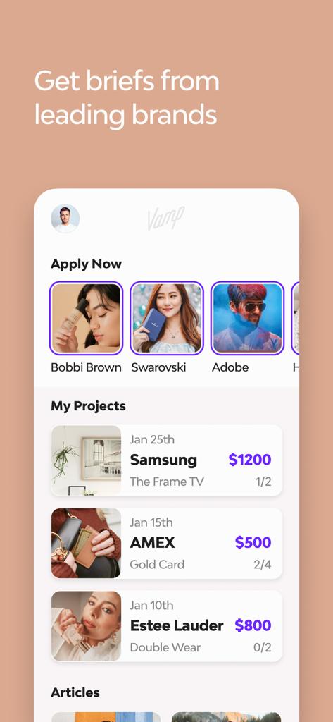Vamp - Vamp app screen showing brand collaboration briefs and active project earnings.