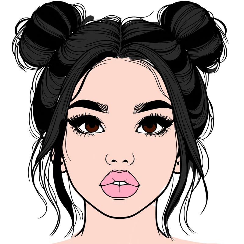 realistic girl with two buns on her hair and lips
