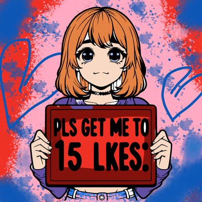 realistic girl holding up a sign that says “pls get me to 15 likes!”