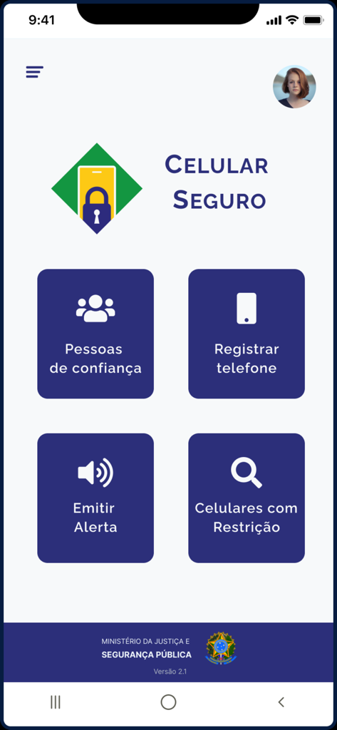 Celular Seguro BR - Main dashboard of the Celular Seguro BR app showing security features like phone registration and alert issuance