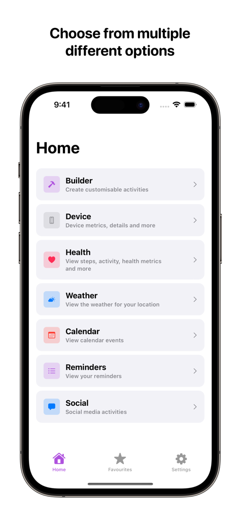 Widgets for Dynamic Island • - ActivityBuilder home screen showing various widget options for the Dynamic Island.