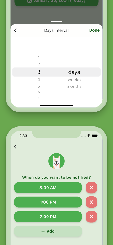 Max - Pill reminder - Interfaces for setting medication intervals and notification times in the Max Pill Reminder app