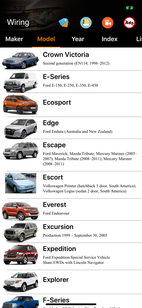 Carmin app interface showing a list of car models for electrical wiring diagrams