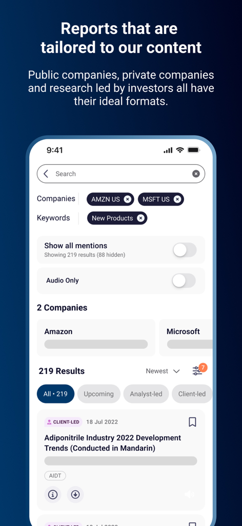 Third Bridge - Mobile interface of the Third Bridge app showing investment research search results for Amazon and Microsoft with custom filters.
