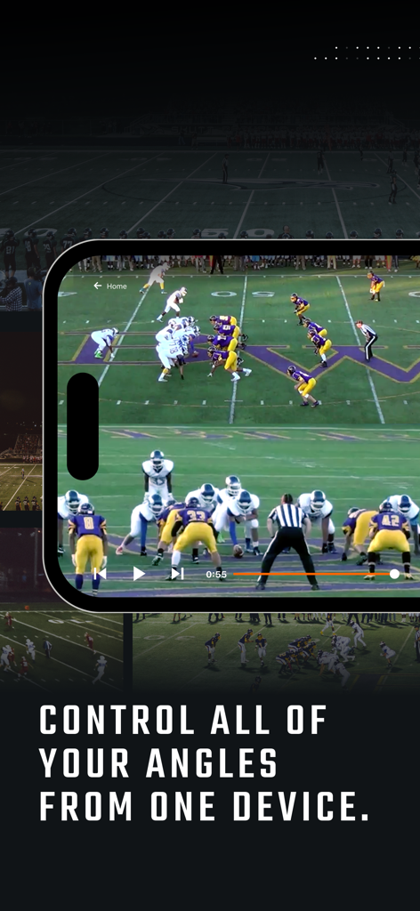 Hudl Sideline app interface on a mobile device showing a football game replay for in-game coaching adjustments