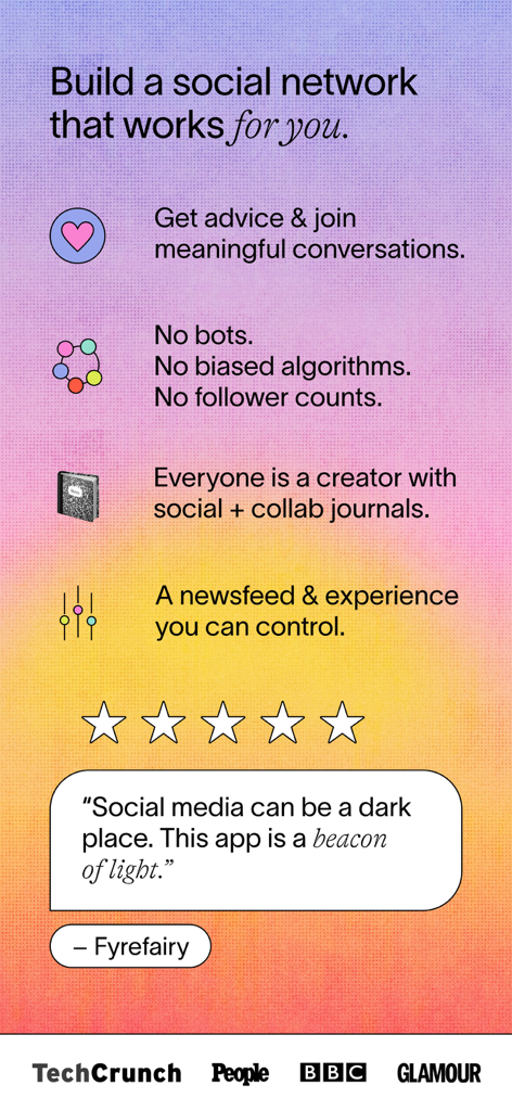 Un aperçu des fonctionnalités de l'application Communia, y compris des conversations significatives, pas de bots, des journaux collaboratifs et un avis d'utilisateur.