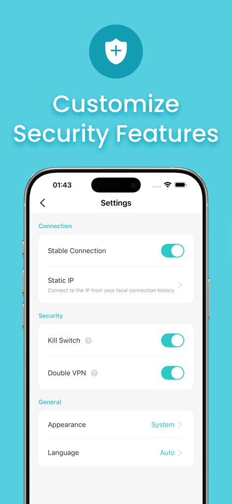 X-VPN settings menu displaying customizable security options including Kill Switch and Double VPN toggles.