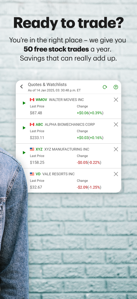 TD Easy Trade - TD Easy Trade app screenshot showing 50 free stock trades offer and a stock watchlist on a mobile interface