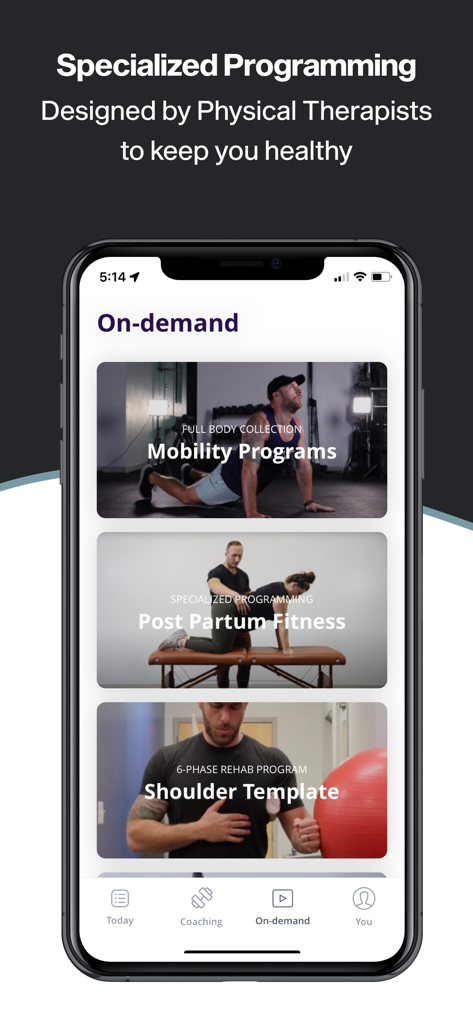 Citizen Athletics v2 - iPhone screenshot of Citizen Athletics app showing on-demand mobility postpartum fitness and shoulder rehab programs