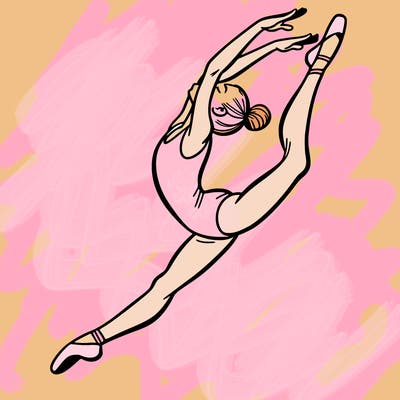 gymnast doing a leap in a leotard with a bent back leg