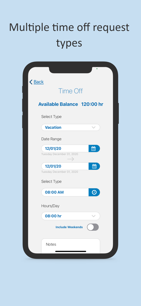 Vista Time Kiosk - Vista Time Kiosk app screen showing the employee self-service interface for requesting time off including vacation type and available balance.