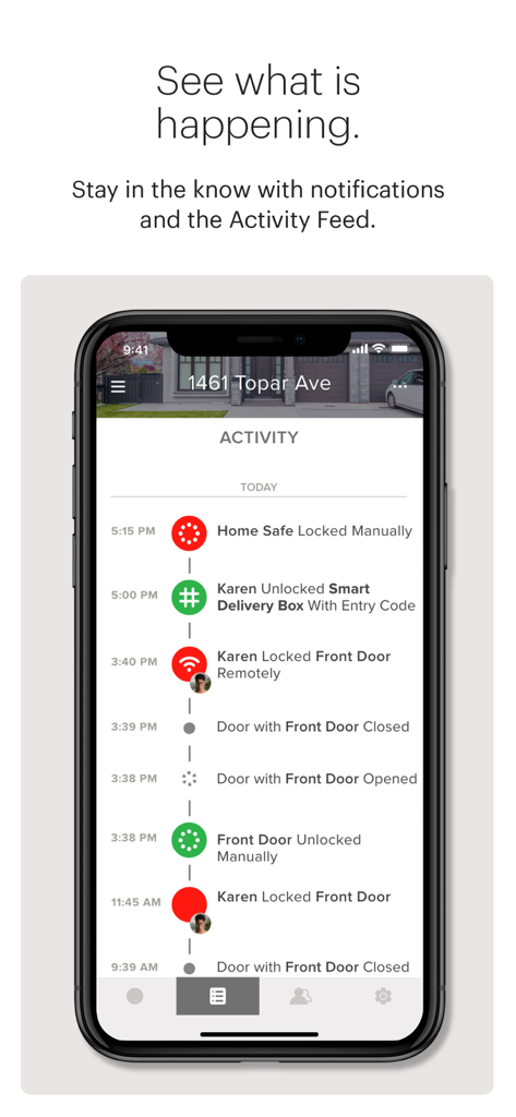 August Home - August Home App Aktivitäts-Feed, der den Verlauf der Smart Lock-Ereignisse anzeigt