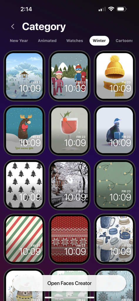 Watch Faces Gallery + - 雪景色や居心地の良いパターンのイラストを含む、Apple Watch用の冬をテーマにしたウォッチフェイスのギャラリー