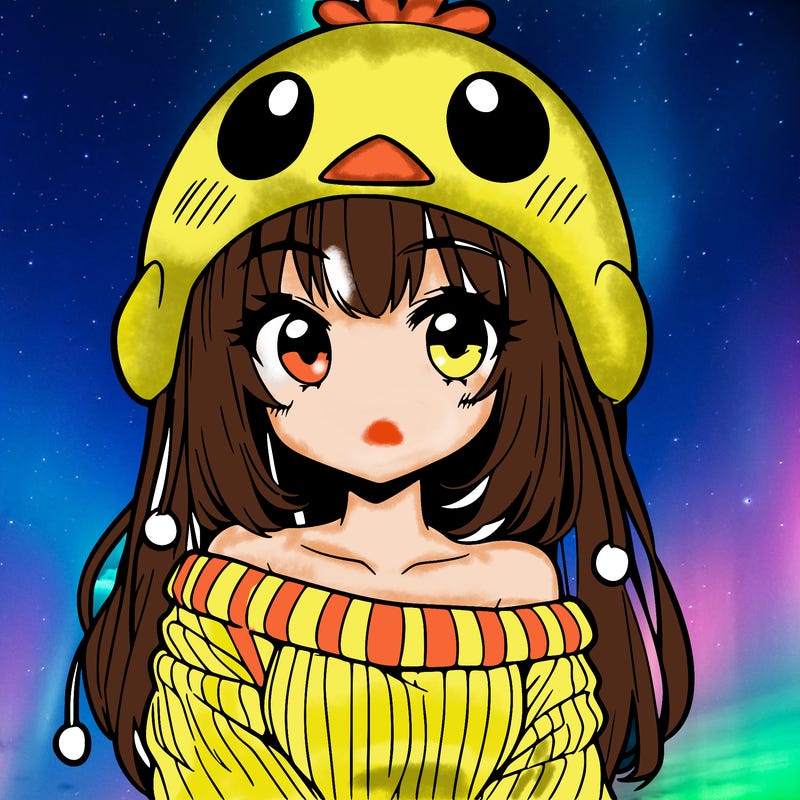 anime girl with chick shaped hat with sweater with bare shoulders with bangs covering them one eye with low tail
