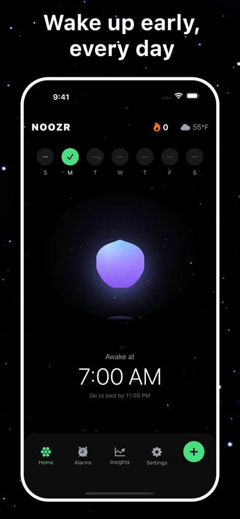 Noozr - wake up early - 현대적인 어두운 별이 빛나는 배경에 오전 7시 기상 알람이 표시된 Noozr 앱 홈 화면.