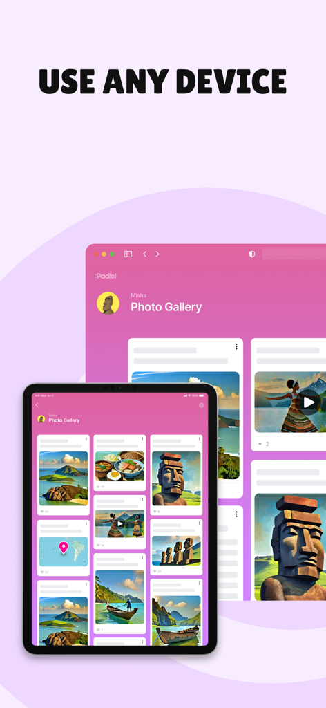 Interfaz de la aplicación Padlet mostrada en un iPad y un navegador de escritorio que muestra una galería de fotos colaborativa