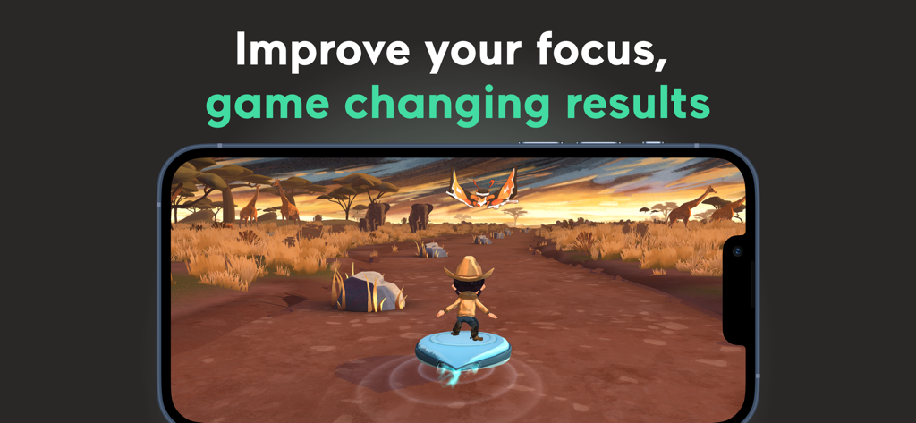 EndeavorOTC 게임 기반 ADHD 치료를 보여주는 스마트폰, 사바나 풍경의 캐릭터와 '집중력 향상, 게임 체인징 결과'라는 텍스트가 표시되어 있습니다.