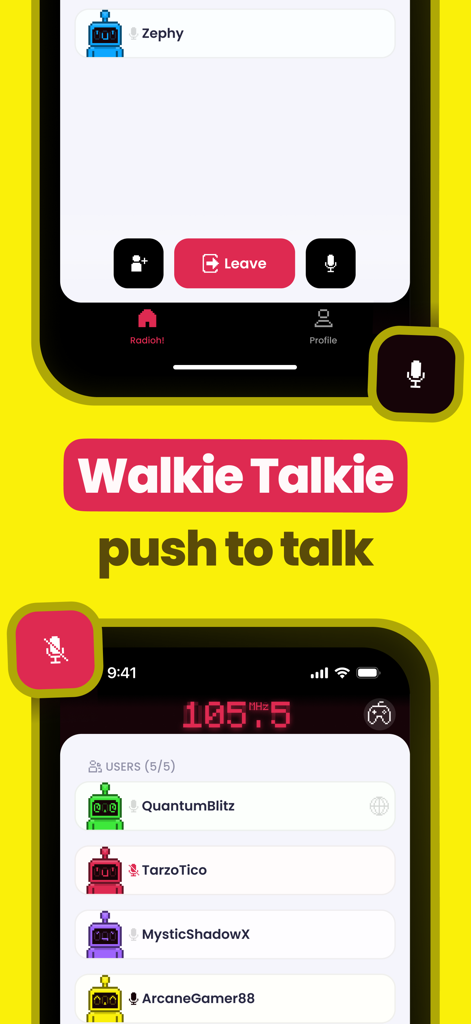 Radioh! - Walkie Talkie Radio - Radioh app interface showing walkie talkie push to talk feature and user list on a radio frequency
