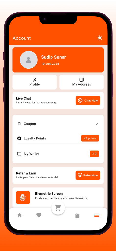 Mapasey - Panel de cuenta de la aplicación móvil Mapasey que muestra la billetera de puntos de fidelidad y las funciones de chat en vivo.