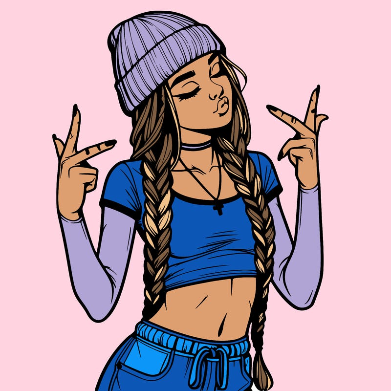 realistic teenage girl with braids and a beanie and crop top doing 🫶🏼