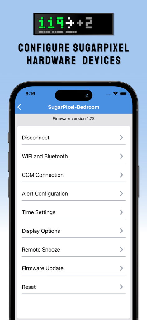 SugarPixel Hub - SugarPixel Hub mobile app screen showing configuration settings for a SugarPixel hardware device including CGM connection and alert settings.