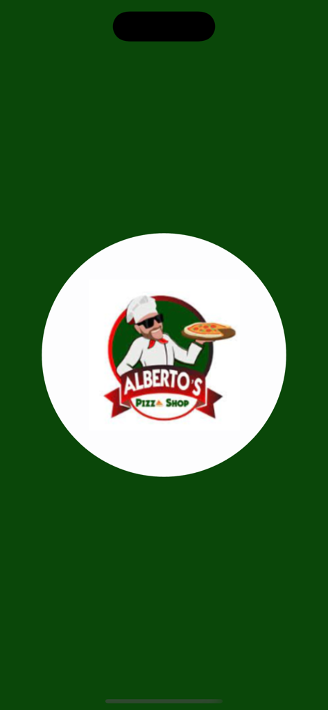 Alberto's Pizza Shop app splash screen with a chef logo on a green background