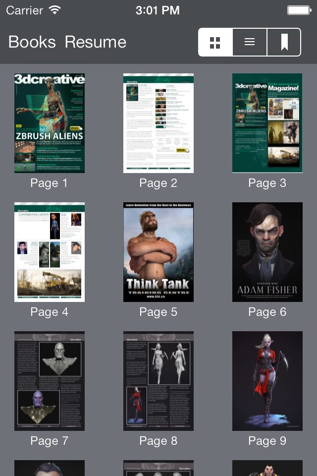 TotalReader for iPhone - The BEST eBook reader for epub, fb2, pdf, djvu, mobi, rtf, txt, chm, cbz, cbr - A grid view of page previews for a digital magazine in the TotalReader iPhone app.