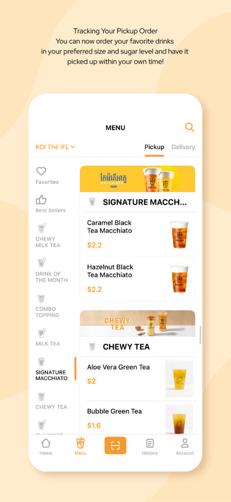KOI Thé Cambodia - KOI Thé Cambodia mobile app menu screen displaying tea drink categories and pricing