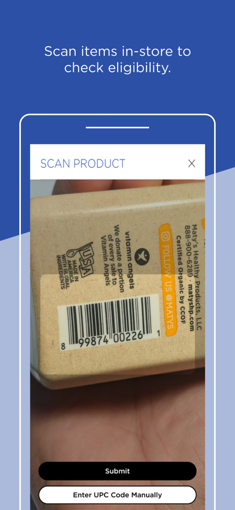OTC Network - OTC Networkアプリのモバイル画面に、商品のeligibilityを確認するためにスキャンされているバーコードが表示されています
