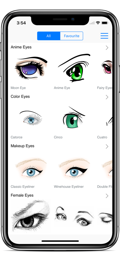 Draw Anime Eyes - Cutest Eyes - Main menu of the app showing various categories and styles of anime and makeup eye drawing tutorials