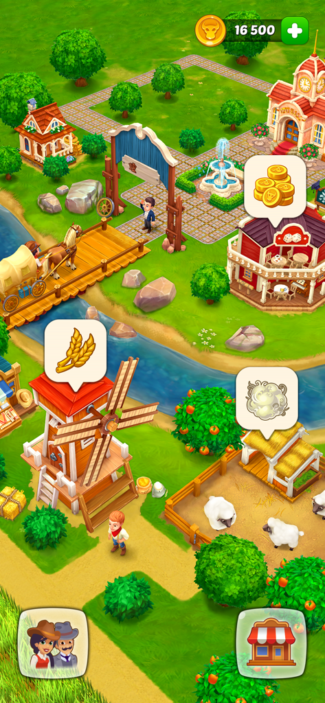 Top-down view of a western-themed town with a windmill, sheep pen, and saloon in the Wild West farming simulator