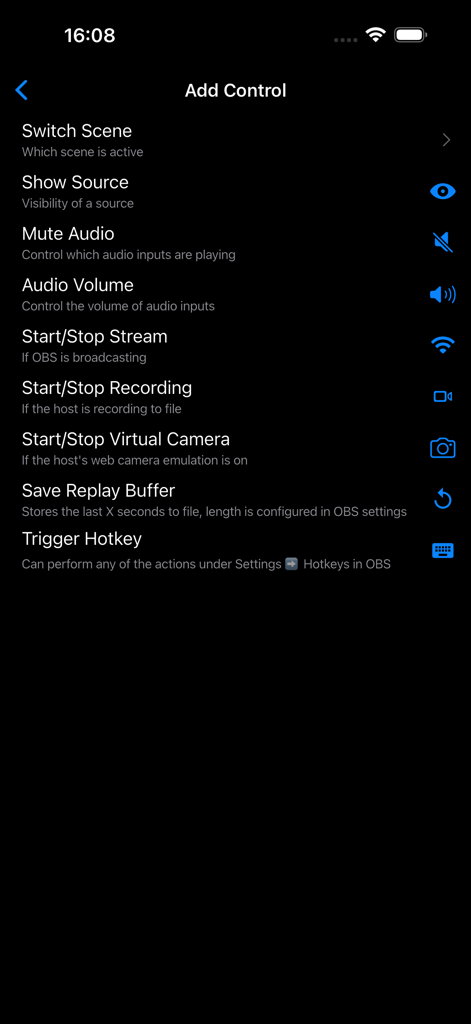 OBS Controller - The Add Control menu in the OBS Controller app showing options like Switch Scene, Mute Audio, and Start Stop Stream.