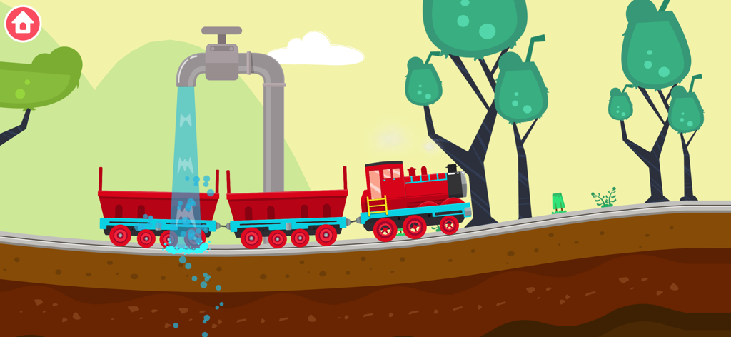 Un train miniature rouge avec des wagons de fret en cours de remplissage d'eau par un grand robinet dans un paysage de dessin animé.