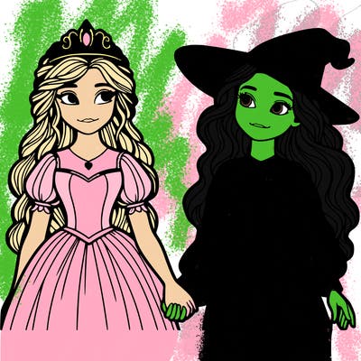 a princess and a witch holding hands realistic
