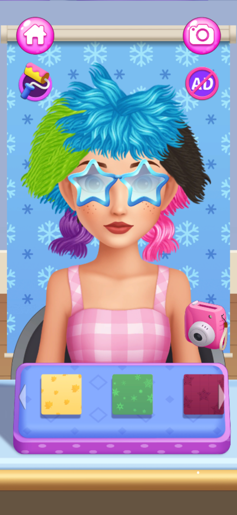 Uma personagem com cabelo multicolorido e óculos de sol em formato de estrela no jogo Salão de Cabelo Salão de Beleza