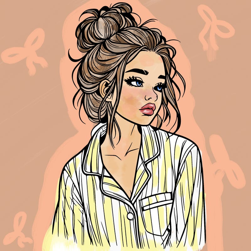 realistic woman with pajamas on and a messy bun