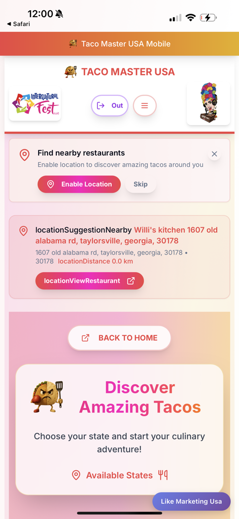 Taco Master USA - 近くのレストランの場所を有効にするオプションと、州ごとに素晴らしいタコスを発見するセクションが表示されているTaco Master USAのモバイルアプリインターフェース