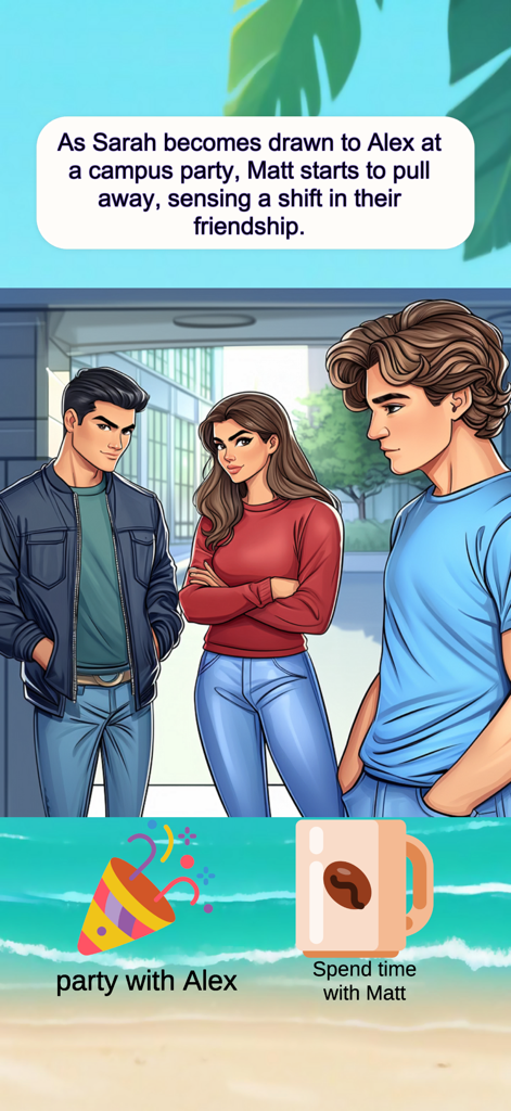 Love 60 Seconds - Love Story - Uma tela de jogo de história de amor mostrando uma decisão entre dois personagens masculinos em uma festa no campus.