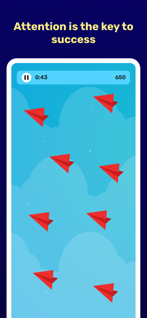 Brain & Mind  IQ Games, Quests - Una pantalla de ejercicio cognitivo con aviones de papel rojos diseñados para mejorar la concentración y la atención