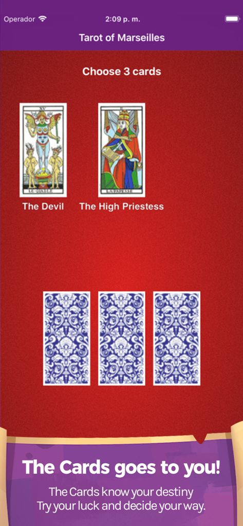 Interface of the Tarot of Marseilles app showing a reading with The Devil and The High Priestess cards