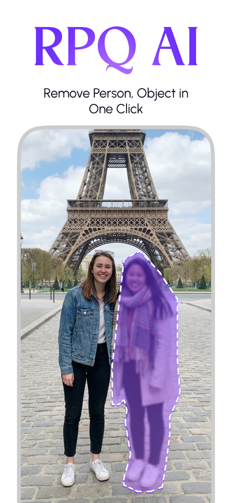 Interfaccia dell'app RPQ AI che mostra come rimuovere una persona da una foto alla Torre Eiffel